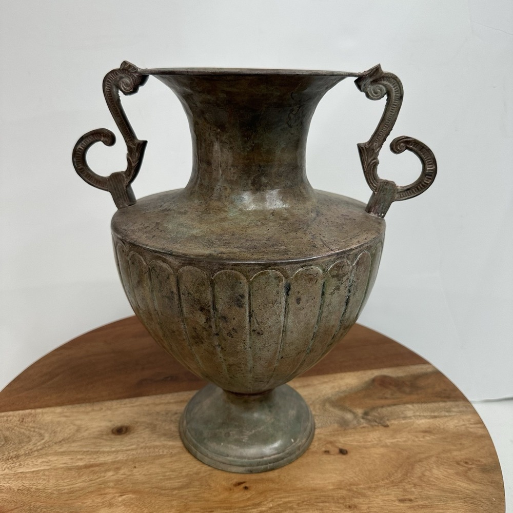 13" Teal Brown Brass Urn Trophy Vase Aged Verdigris Patina Finish India Handles